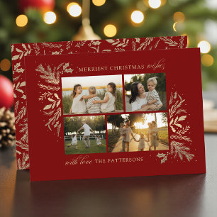 4-Foto-Familien-Weihnachten Tiefrot Gold Botanisch Feiertagskarte