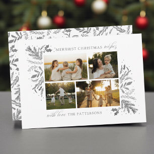4-Foto-Familien-Weihnachts-Silber-Botanik-Collage Feiertagskarte