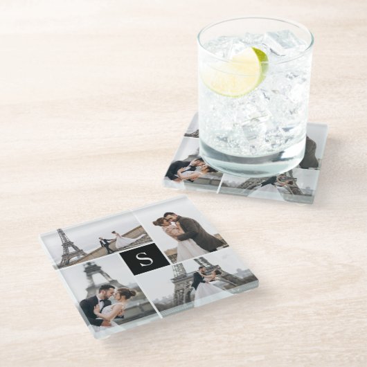 4 Foto Gallery und Monogramm Glasuntersetzer (Schrägansicht)