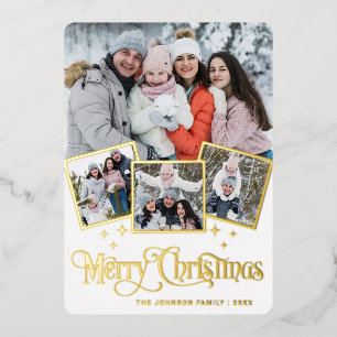 4 FOTO Glänzendes Frohes Weihnachtsgruß Gold Folien Feiertagskarte