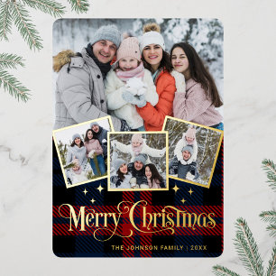 4 FOTO Glänzendes Frohes Weihnachtsgruß Gold Folien Feiertagskarte