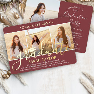 4 Foto Graduation Party Burgund, White and Real Folieneinladung