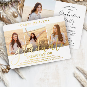4 Foto Graduation Party Elegant White and Gold Folieneinladung