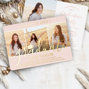 4 Foto Graduation Party Elegantes Rosa & Gold Folieneinladung