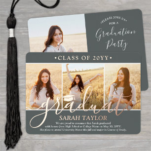 4 Foto Graduation Party Grau Weiß und Rose Gold Folieneinladung