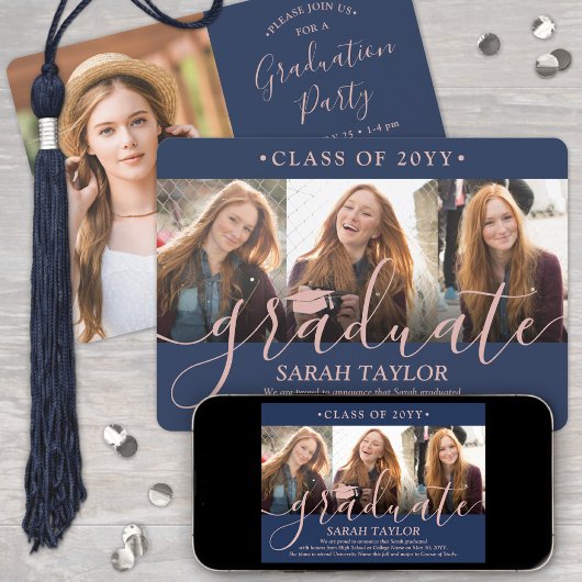 4 Foto Graduation Party Navy Blue & Pink Script Einladung