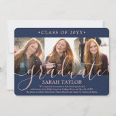 4 Foto Graduation Party Navy Blue & Pink Script Einladung (Vorderseite)