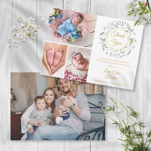 4 Foto Grünpflanzen Floral Gold Danke Baby Birth Ankündigung