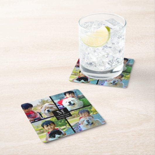 4 Foto kundenspezifische Collage mit Monogramm Rechteckiger Pappuntersetzer (Vor Ort)