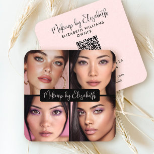 4 Foto Make-up Rouge Pink Schriftzug Black QR Code Quadratische Visitenkarte
