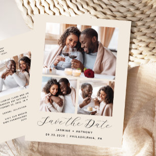 4-Foto Minimalistisch Beige Save the Date Postkarte