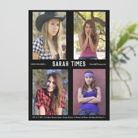 4 Foto Model Actor Comp Card Schwarze Vorlage (Stehend Vorderseite)