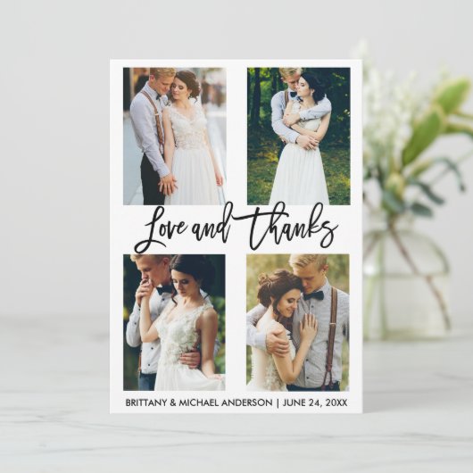 4 Foto Moderne Pinsel Script Liebe Dank Hochzeit Dankeskarte (Stehend Vorderseite)