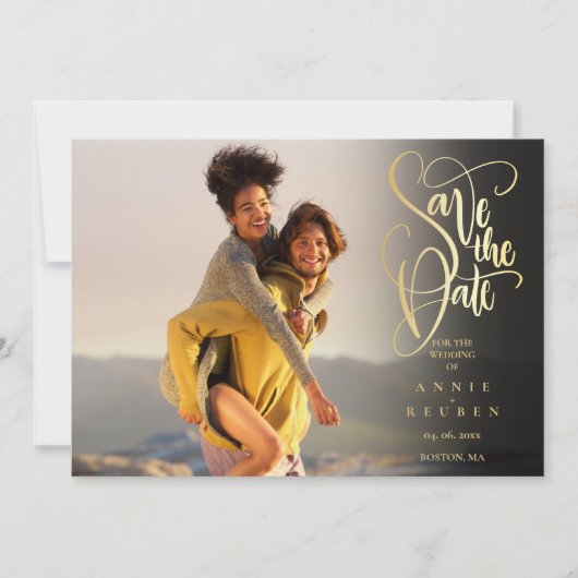 4 Foto Modernes, elegantes Gold Script Save The Date (Vorderseite)
