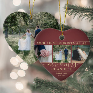 4 Foto Mr & Mrs. 1. Christmas Burgundy Gold Heart Keramik Ornament