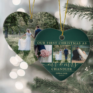 4 Foto Mr & Mrs. 1. Christmas Green & Gold Heart Keramik Ornament