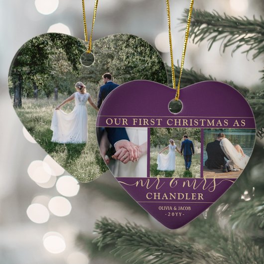 4 Foto Mr. & Mrs. 1. Christmas Plum Lila Heart Keramik Ornament