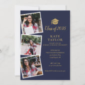 4 Foto Navy Blue Gold Graduation Party Einladung (Vorderseite)