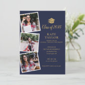 4 Foto Navy Blue Gold Graduation Party Einladung (Stehend Vorderseite)