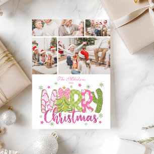 4 Foto Pink Grüner Schleifen Baum Frohe Weihnachte Feiertagskarte