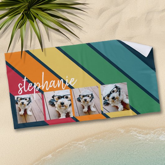 4 Foto Retro Strip Muster Regenbogenskriptname Strandtuch