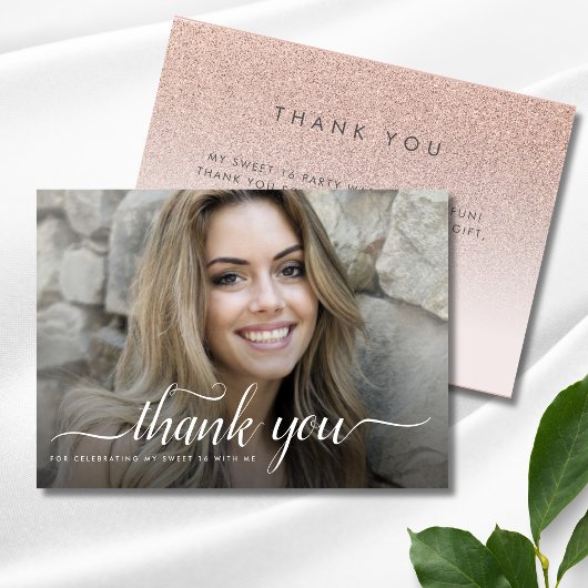 4 Foto Rose Gold Imitate Glitzer Rosa Sweet 16 Dankeskarte
