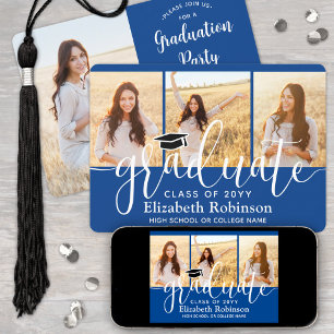 4 Foto Royal Blue & White Script Graduation Party Einladung