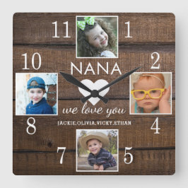4 Foto Rustic Brown Wood Liebe You Nana Grandkids Quadratische Wanduhr