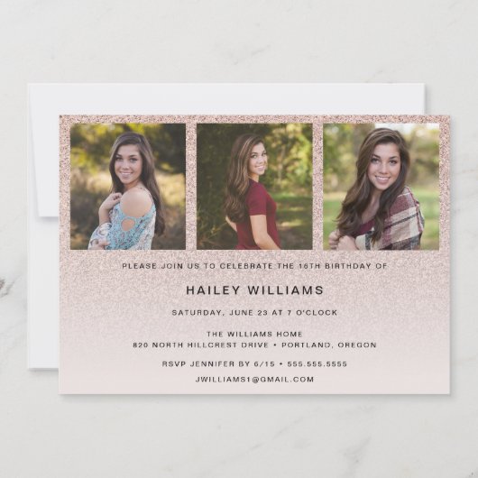 4 Foto Trendy Pink Chic Sweet 16 Party Einladung (Rückseite)
