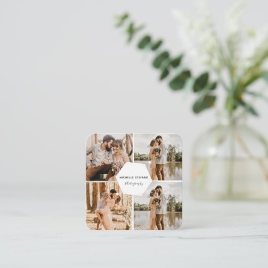 4 Foto Wedding Collage Fotograf QR Code Frame Quadratische Visitenkarte (Stehend Vorderseite)
