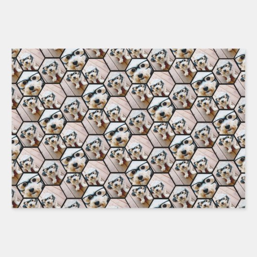 4 FotoCollage in einem trendigen Hexagon-Muster Geschenkpapier Set (Vorderseite)