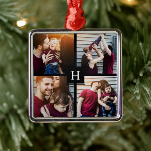 4-FotoCollage und Monogramm Silbernes Ornament (Baum)