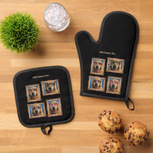 4 Fotoklebstoff Vintage Rahmen Hunde Haustiere Fam Ofenhandschuh & Topflappen-Set
