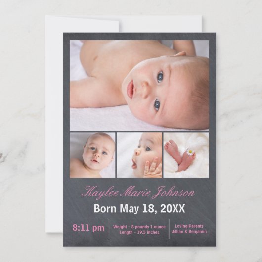 4 Fotos Collage Chalkboard - Geburtsankündigung Ankündigung (Vorderseite)