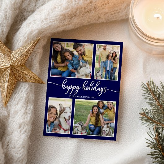 4 Fotos Collage Happy Holidays Modernes Navy Blue Postkarte