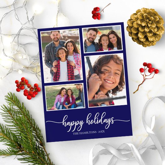4 Fotos Collage Happy Holidays Modernes Navy Blue Postkarte