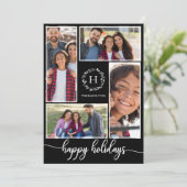 4 Fotos Collage Monogram Happy Holidays Black Einladung (Stehend Vorderseite)