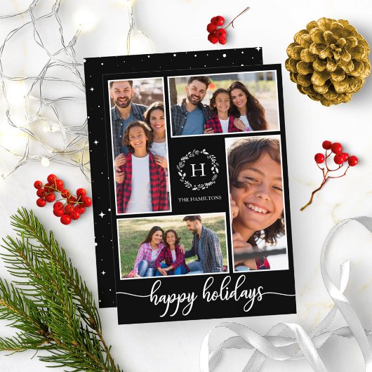 4 Fotos Collage Monogram Happy Holidays Black Einladung