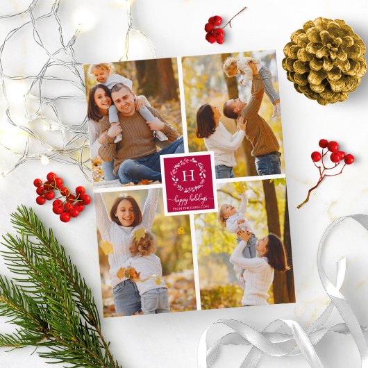 4 Fotos Collage Monogram Happy Holidays Weihnachte Postkarte