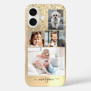 4 Fotos, Faux-Bürstengold-Metall, Glitter, Name iPhone 16 Hülle