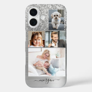 4 Fotos, Faux gebürstetes Silbermetall, Glitter, N iPhone 16 Hülle