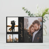 4 Fotos Grid Black Gold Script Hochzeit Einladung (Stehend Vorderseite)