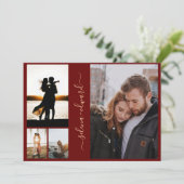 4 Fotos Grid Burgundy und Gold Script Wedding Einladung (Stehend Vorderseite)