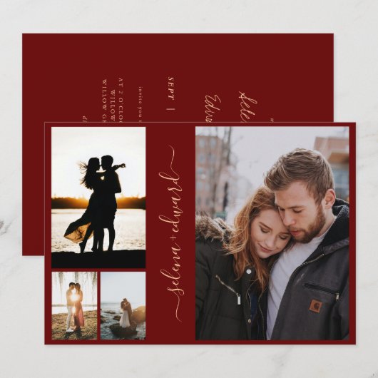 4 Fotos Grid Burgundy und Gold Script Wedding Einladung (Vorne/Hinten)