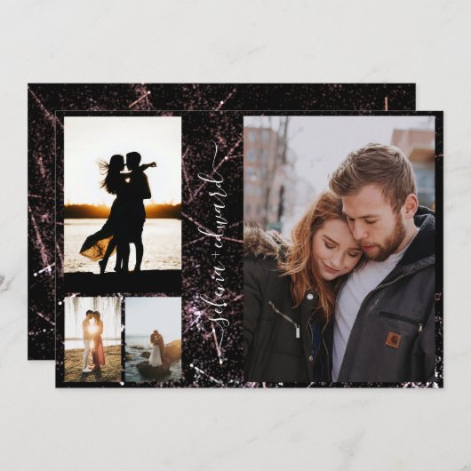 4 Fotos Grid Gold Shinting Glitzer Script Wedding Einladung (Vorne/Hinten)