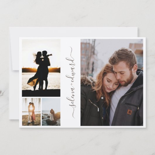 4 Fotos Grid Metallic Silver Script Wedding Einladung (Vorderseite)