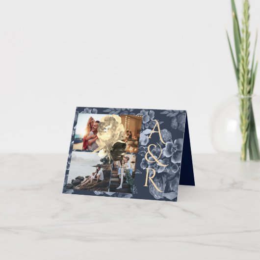 4 Fotos Hochzeit von Navy Blue und Golden Floral Einladung (Vorderseite)