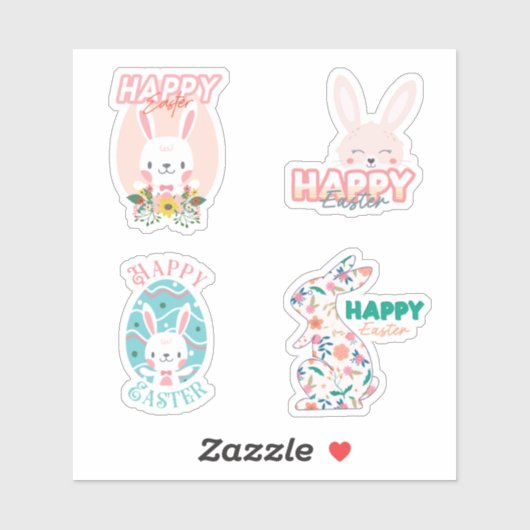 4 Frohe Ostern mit Hasen- und Blume-Aufklebern Aufkleber (Blatt)