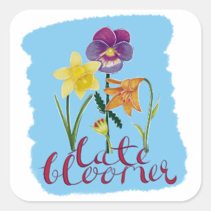 4 Frühjahrs- und Sommerblumen mit fancy Text Quadratischer Aufkleber