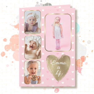 4. Geburtstag 4 Bilder Collage Gold Rosa Herzen Karte